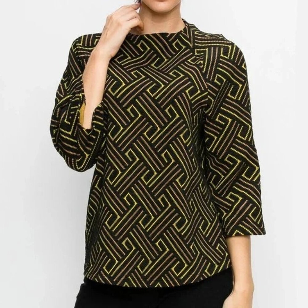 W5 Jacquard Knit Retro Mod Geo Mock Neck Zip Back Blouse Multicolor Womens Sze L